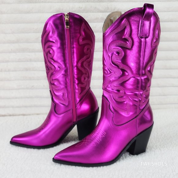 Berness Shoes - Electric Mid Calf Cowboy Hot Pink Brush Metallic Matte Western Cowgirl Boots